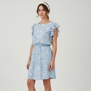 RW&CO. Bird Print Dress Ruffle Sleeve Tie Back Casual Blue White S‎